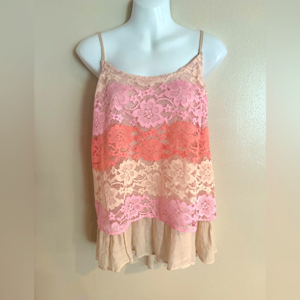Entro Floral Pink, Coral, Cream Lace Detail Tank Top Sleeveless Sz Large.